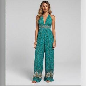 Boho Floral Print Tie Backless Wide Leg Halter Jumpsuit